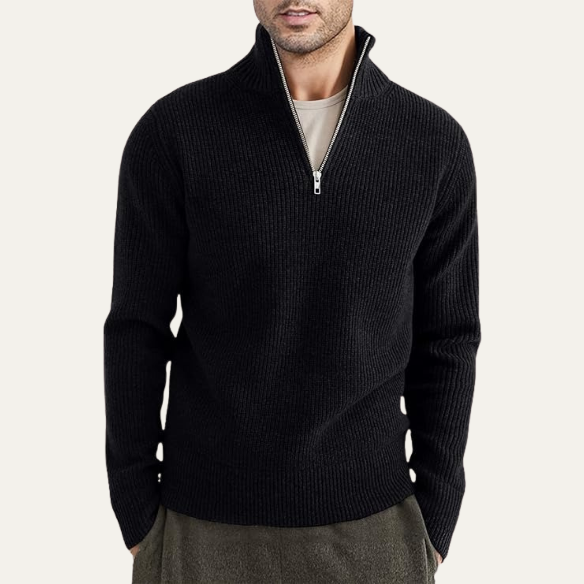 Men's Quarter Zip Ribbed Knit Sweater