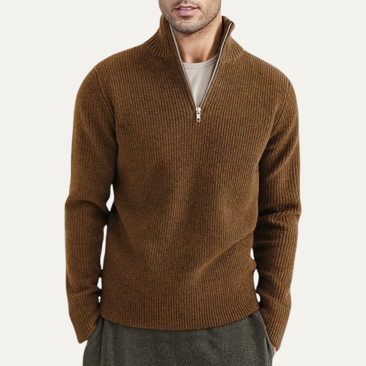 Men's Quarter Zip Ribbed Knit Sweater