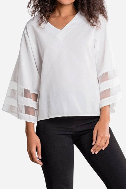 Chic V-Neck Bell Sleeve Women's Blouse with Lace Detail - VibreMode