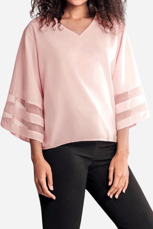 Chic V-Neck Bell Sleeve Women's Blouse with Lace Detail