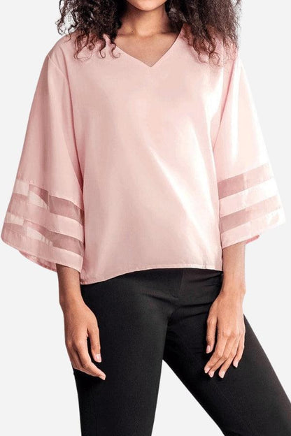 Chic V-Neck Bell Sleeve Women's Blouse with Lace Detail