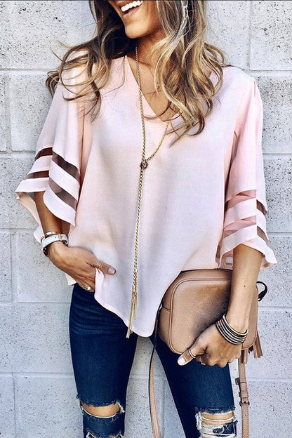 Women's V-Neck Blouse Mesh Detail Bell Sleeves
