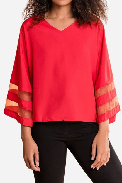 Women's V-Neck Blouse Mesh Detail Bell Sleeves