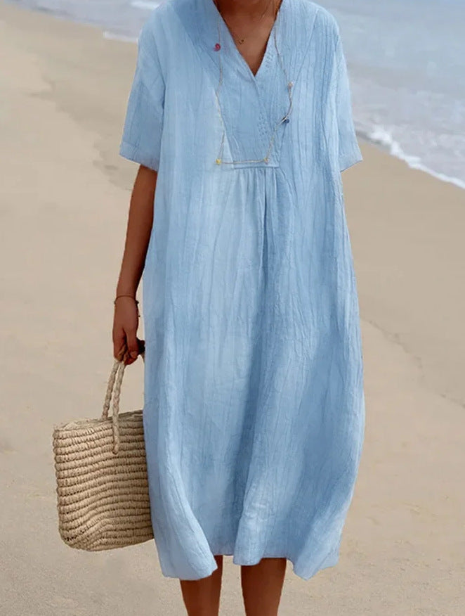 Women's Relaxed V-Neck Short Sleeve Beach Dress