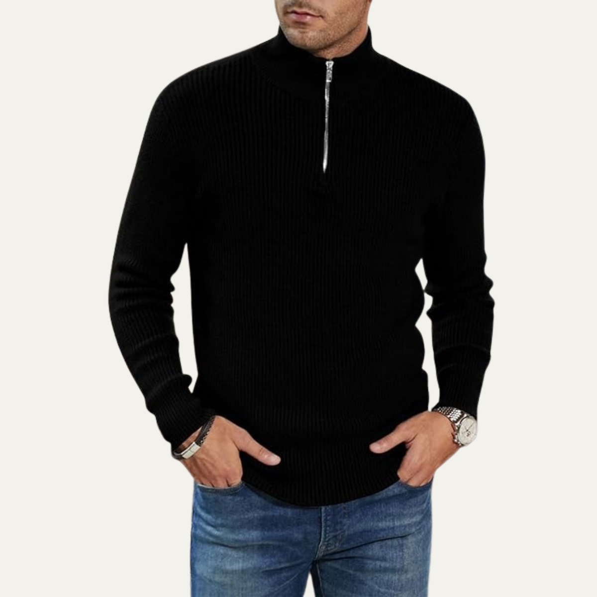 Men's Quarter Zip Ribbed Knit Sweater