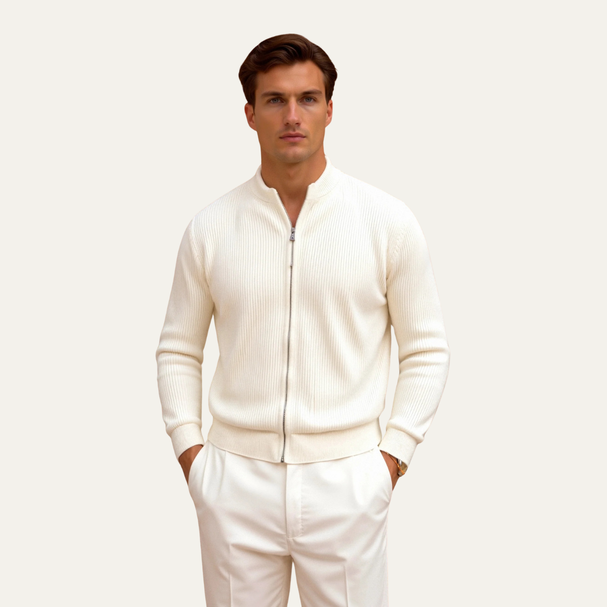 Mens Beige Knitted Cardigan Lightweight Zip Up