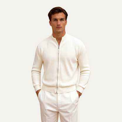 Mens Beige Knitted Cardigan Lightweight Zip Up