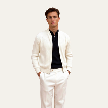 Mens Beige Knitted Cardigan Lightweight Zip Up