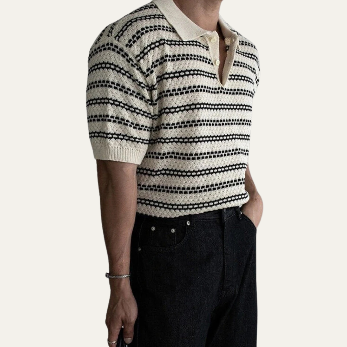 Men's Striped Knit Polo Shirt Turn Down Collar