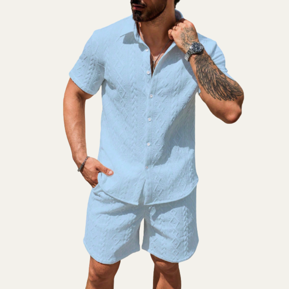 Men's Knitted Summer Shorts Set Cotton Shirt