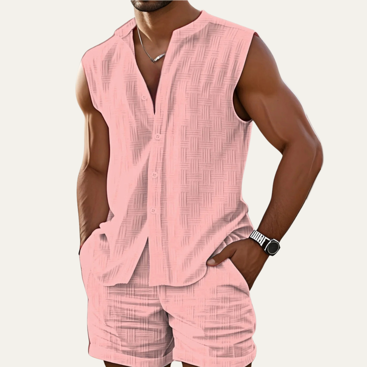 Men's Sleeveless Button Up Shirt And Shorts Set