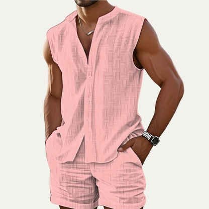 Men's Sleeveless Button Up Shirt And Shorts Set
