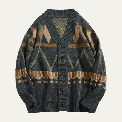 Men's Vintage Button Up Cardigan Geometric Pattern Red - VibreMode