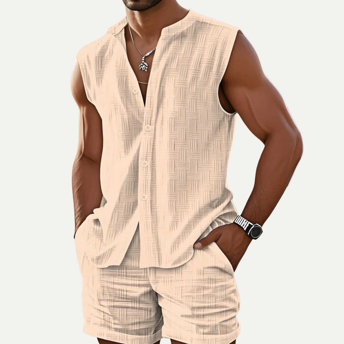 Men's Sleeveless Button Up Shirt And Shorts Set
