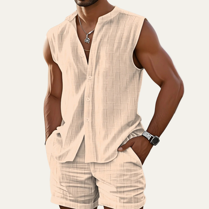 Men's Sleeveless Button Up Shirt And Shorts Set