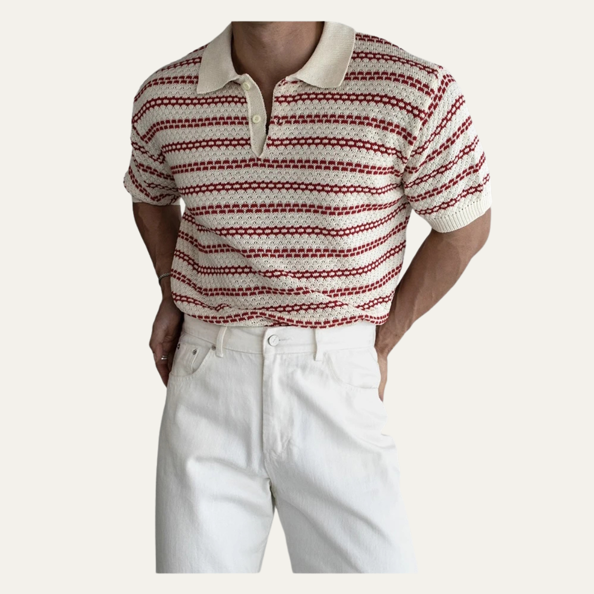 Men's Striped Knit Polo Shirt Turn Down Collar