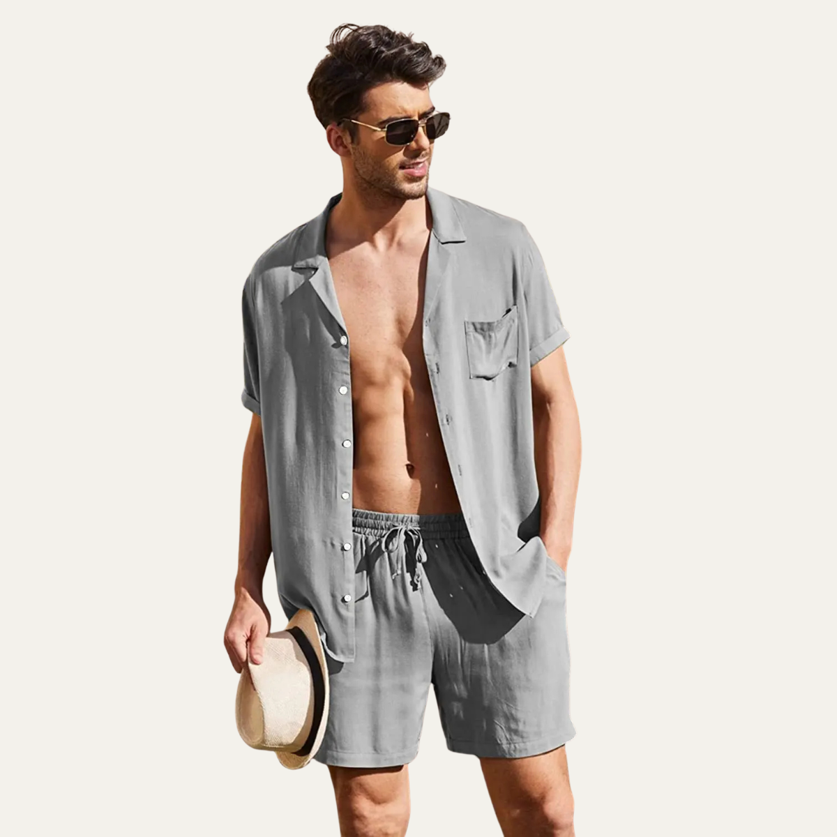Men's Cotton Linen Shirt Shorts Set