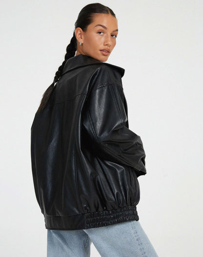 Women's Faux Leather Jacket Oversized Comfortable Black