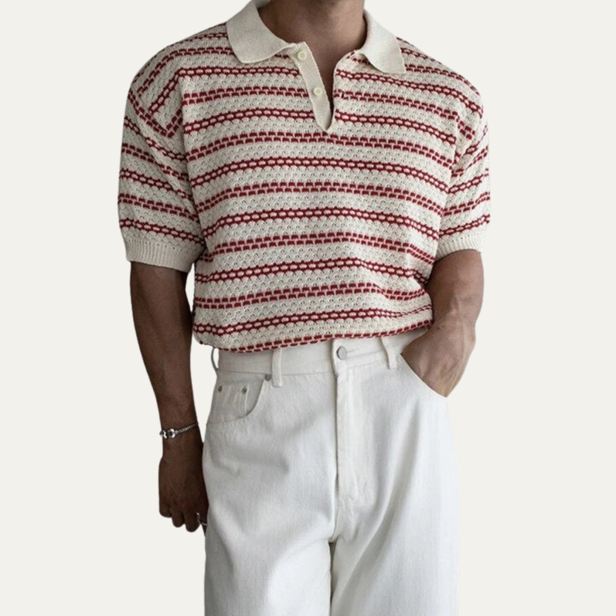 Men's Striped Knit Polo Shirt Turn Down Collar