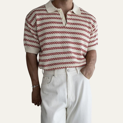 Men's Striped Knit Polo Shirt Turn Down Collar