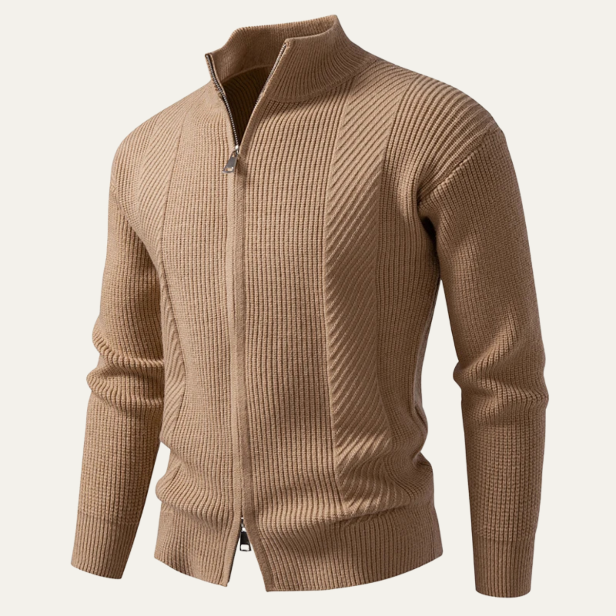 Men's Ribbed Knit Sweater Zip Up Casual Beige