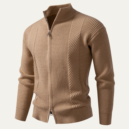 Men's Ribbed Knit Sweater Zip Up Casual Beige