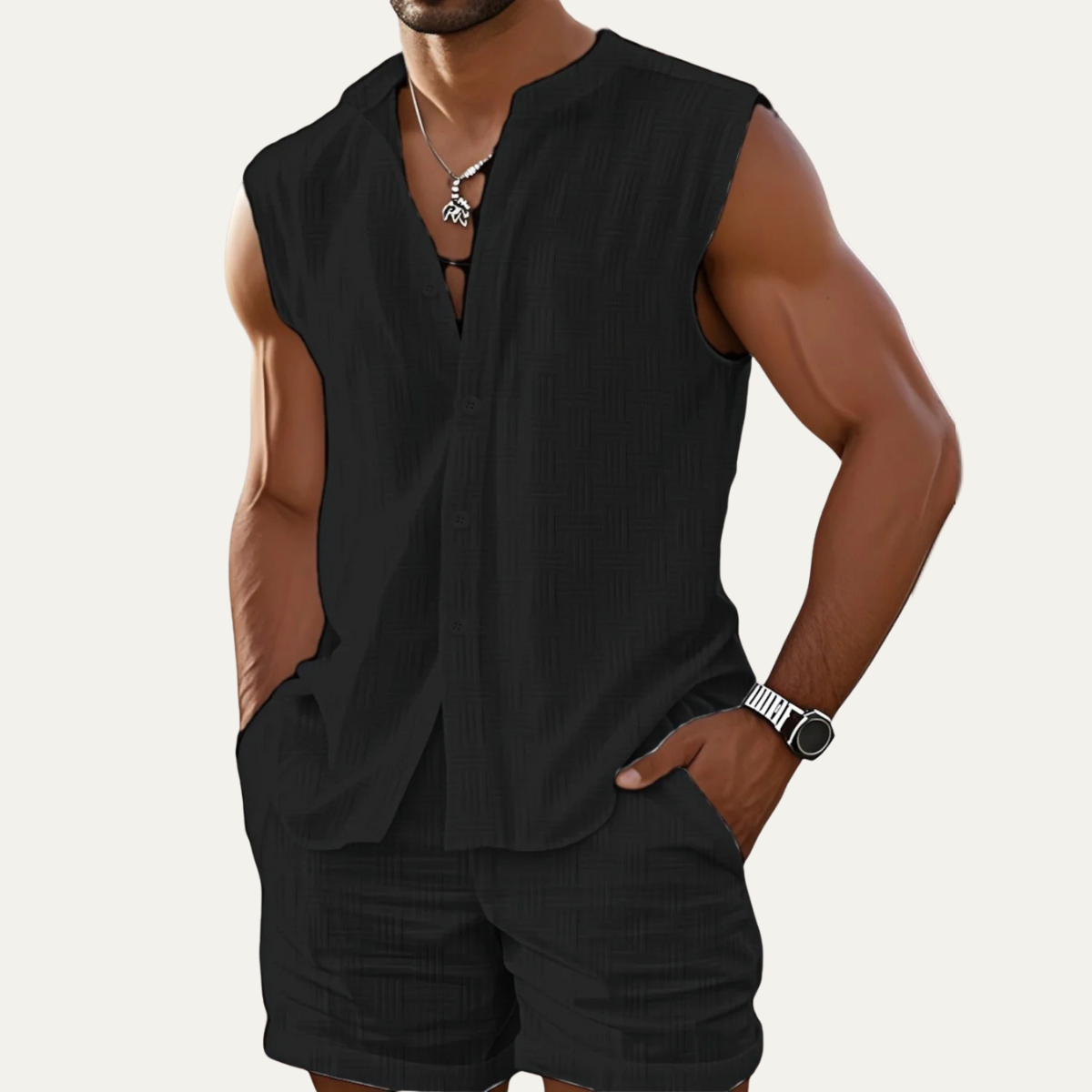 Men's Sleeveless Button Up Shirt And Shorts Set