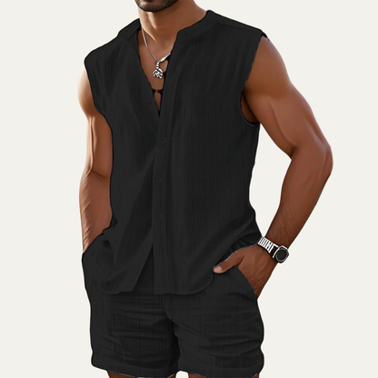 Men's Sleeveless Button Up Shirt And Shorts Set