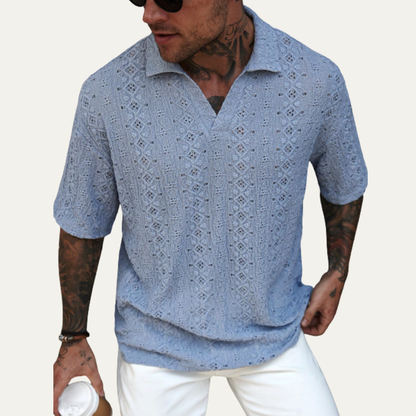Men's Crochet Knit Polo Shirt Short Sleeve Light Blue