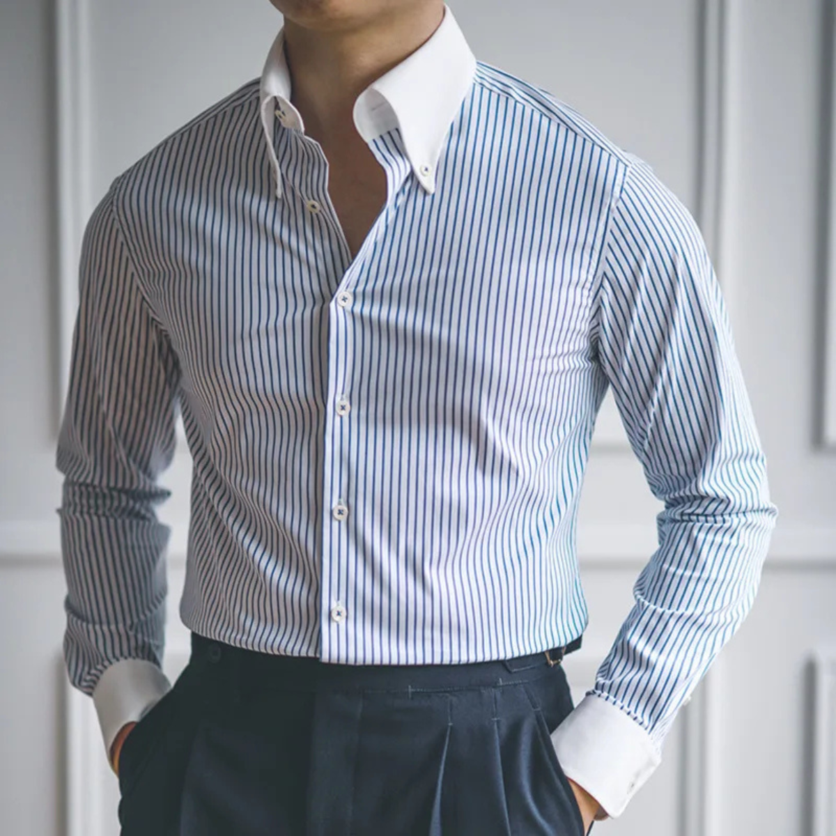Men's Classic Formal Dress Shirt Blue Stripe Cotton