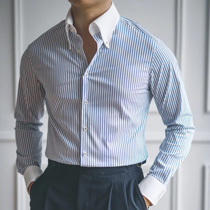 Men's Classic Formal Dress Shirt Blue Stripe Cotton