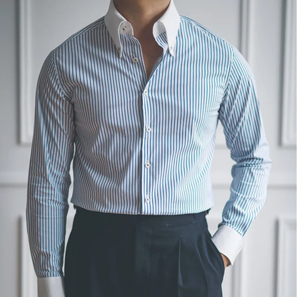Men's Classic Formal Dress Shirt Blue Stripe Cotton