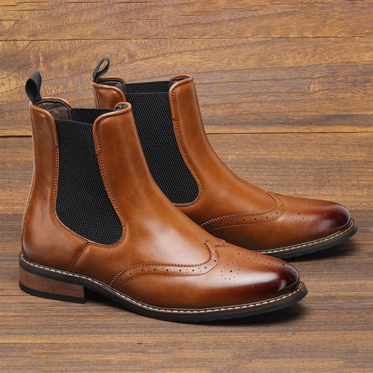 Men's Leather Chelsea Boots Elastic Sides Brown