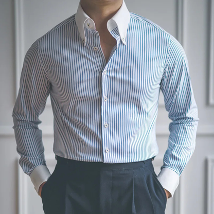 Men's Classic Formal Dress Shirt Blue Stripe Cotton