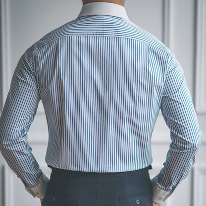 Men's Classic Formal Dress Shirt Blue Stripe Cotton