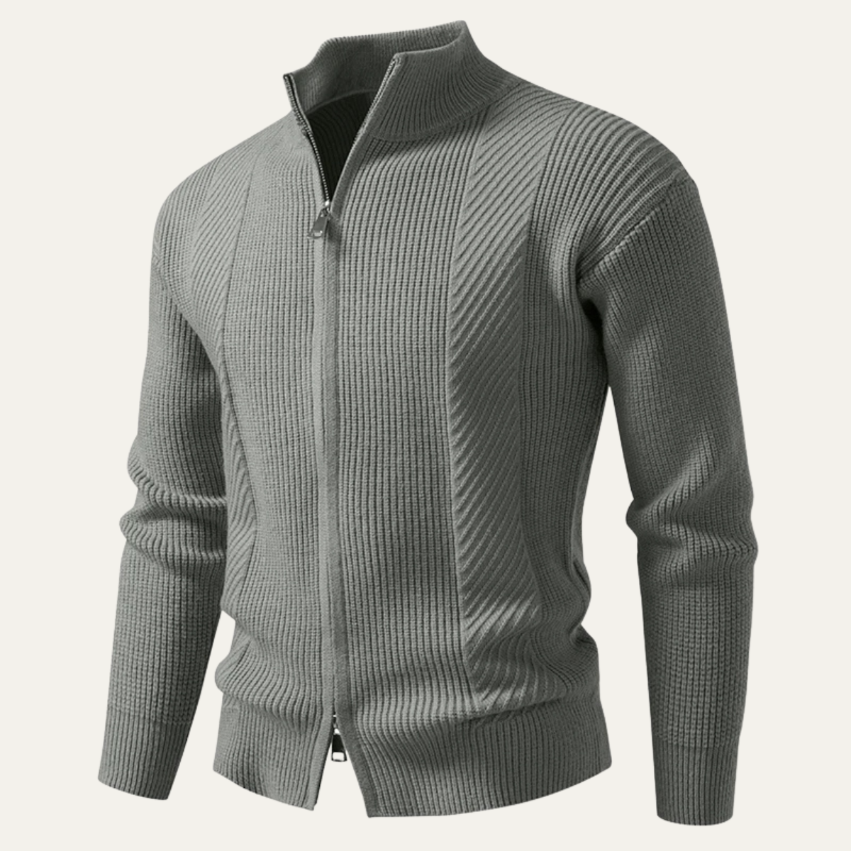 Men's Ribbed Knit Sweater Zip Up Casual Beige
