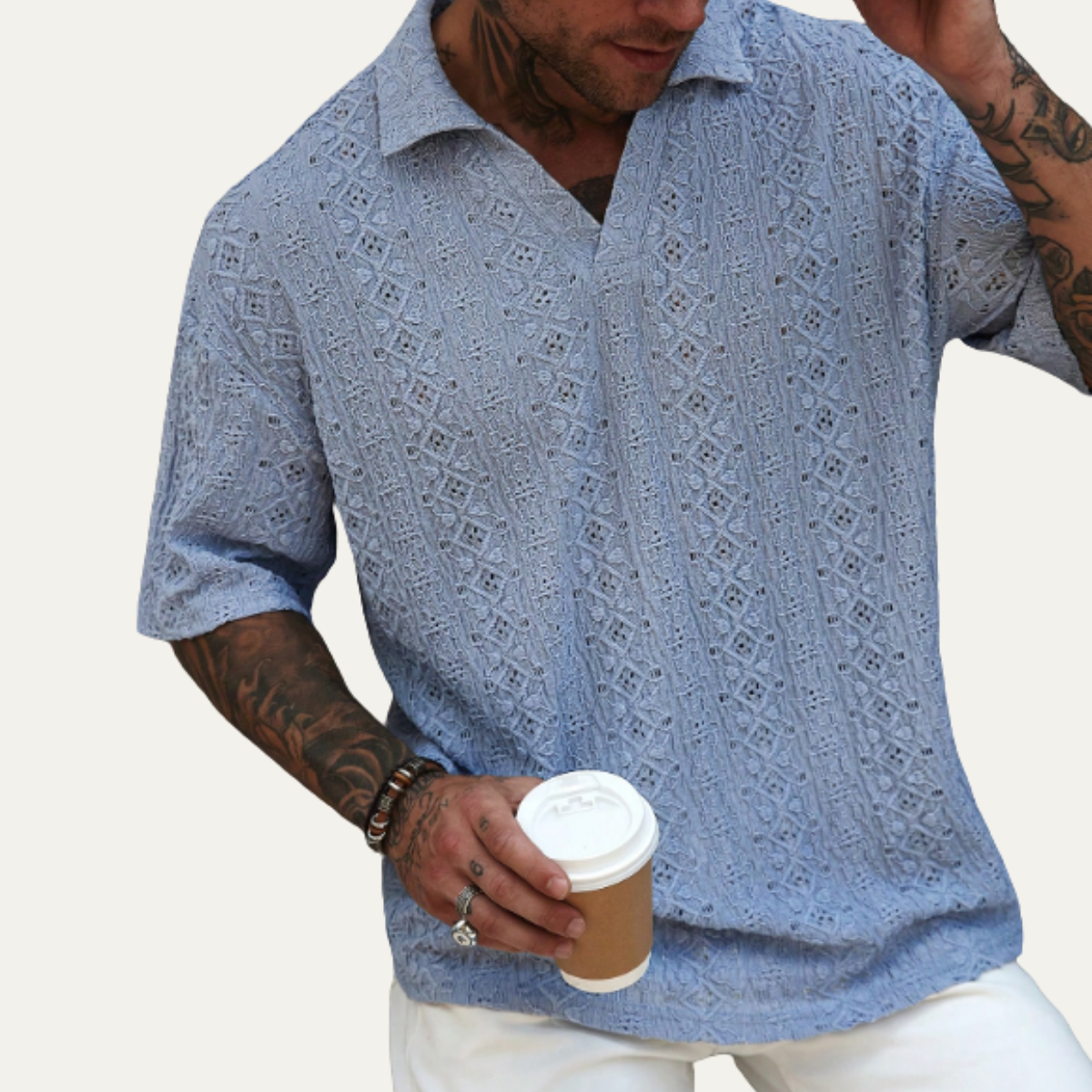 Men's Crochet Knit Polo Shirt Short Sleeve Light Blue