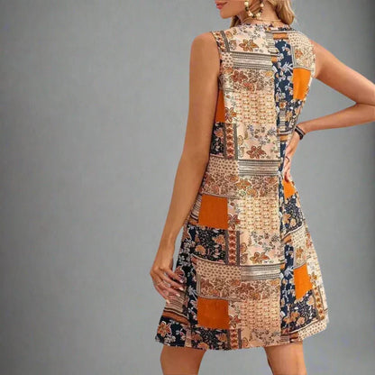 Women's Patchwork Mini Dress Sleeveless Boho Print