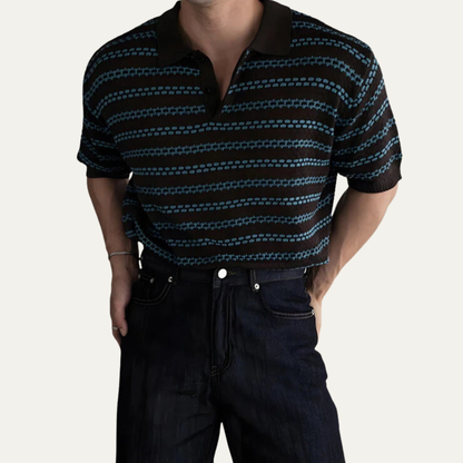 Men's Striped Knit Polo Shirt Turn Down Collar