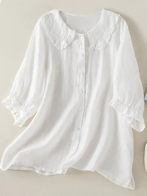 Women's Cotton Linen Blouse Ruffle Neck Relaxed Fit - VibreMode