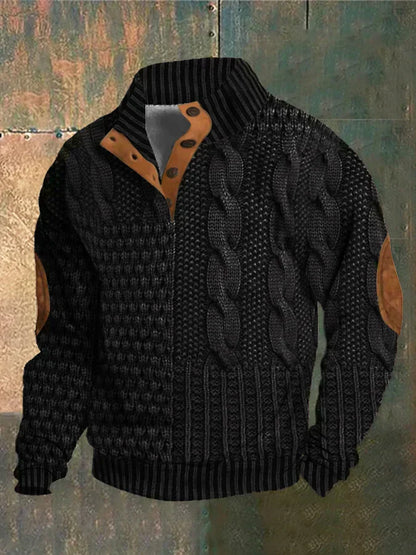 Men's Cable Knit Sweater Button Neck