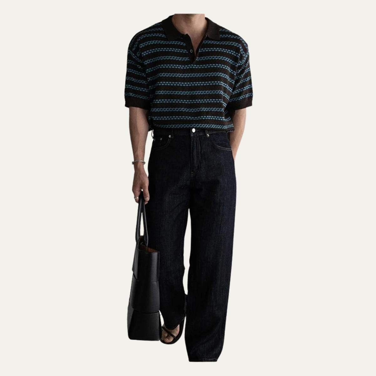 Men's Striped Knit Polo Shirt Turn Down Collar