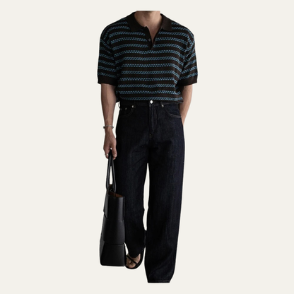 Men's Striped Knit Polo Shirt Turn Down Collar