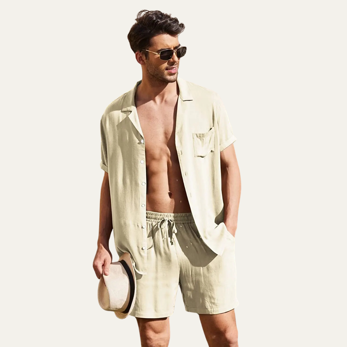 Men's Cotton Linen Shirt Shorts Set