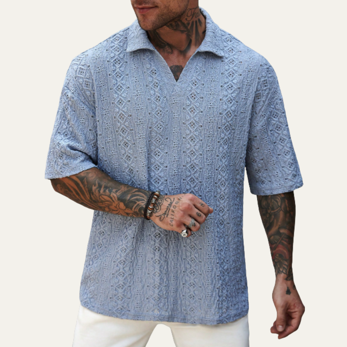 Men's Crochet Knit Polo Shirt Short Sleeve Light Blue