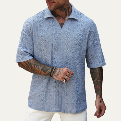 Men's Crochet Knit Polo Shirt Short Sleeve Light Blue