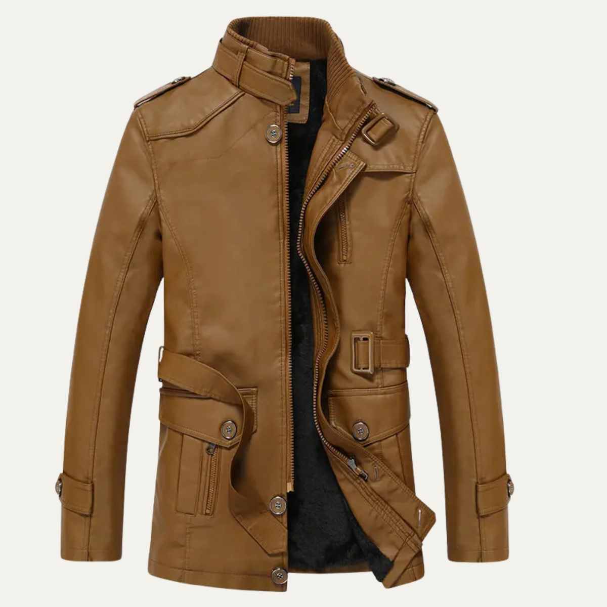 Men's Leather Winter Jacket With Belt - VibreMode