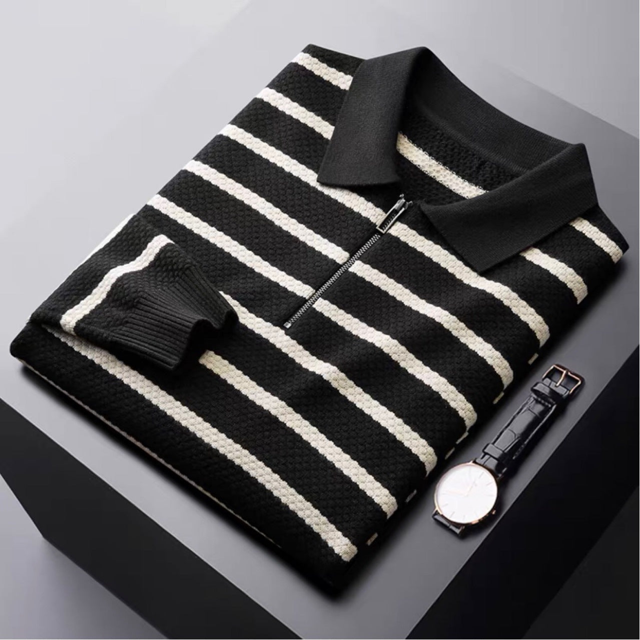 Men's Striped Polo Shirt Half-Zip Cotton - VibreMode