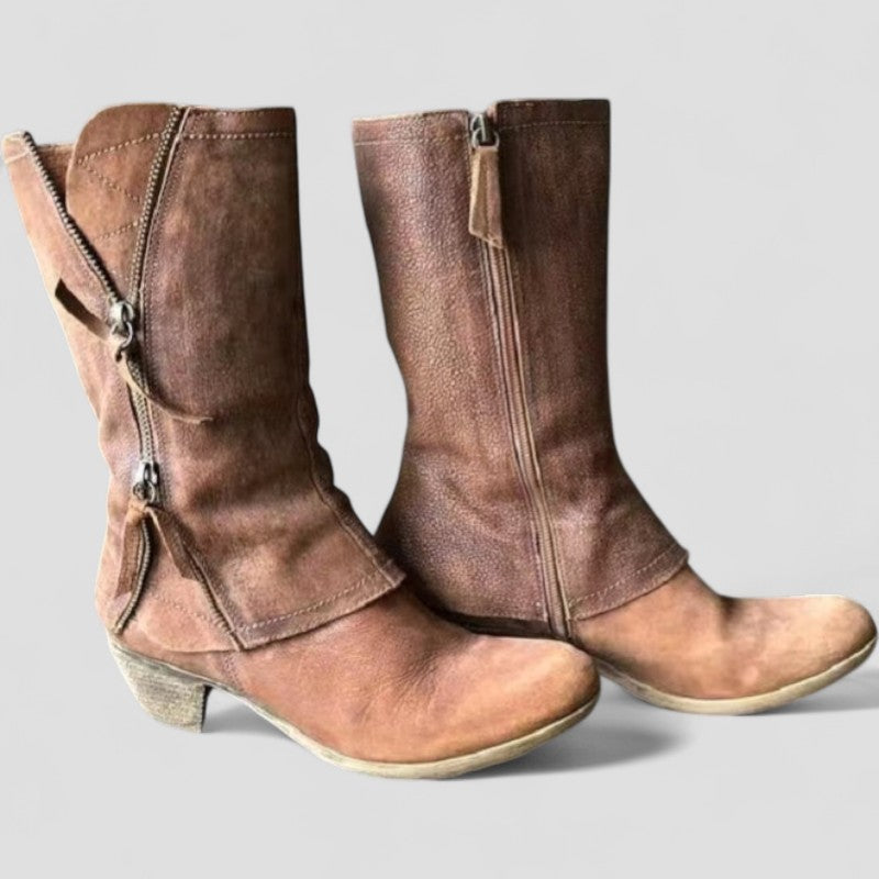 Women's Mid Calf Boots Leather Zipper Brown - VibreMode