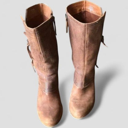 Women's Mid Calf Boots Leather Zipper Brown